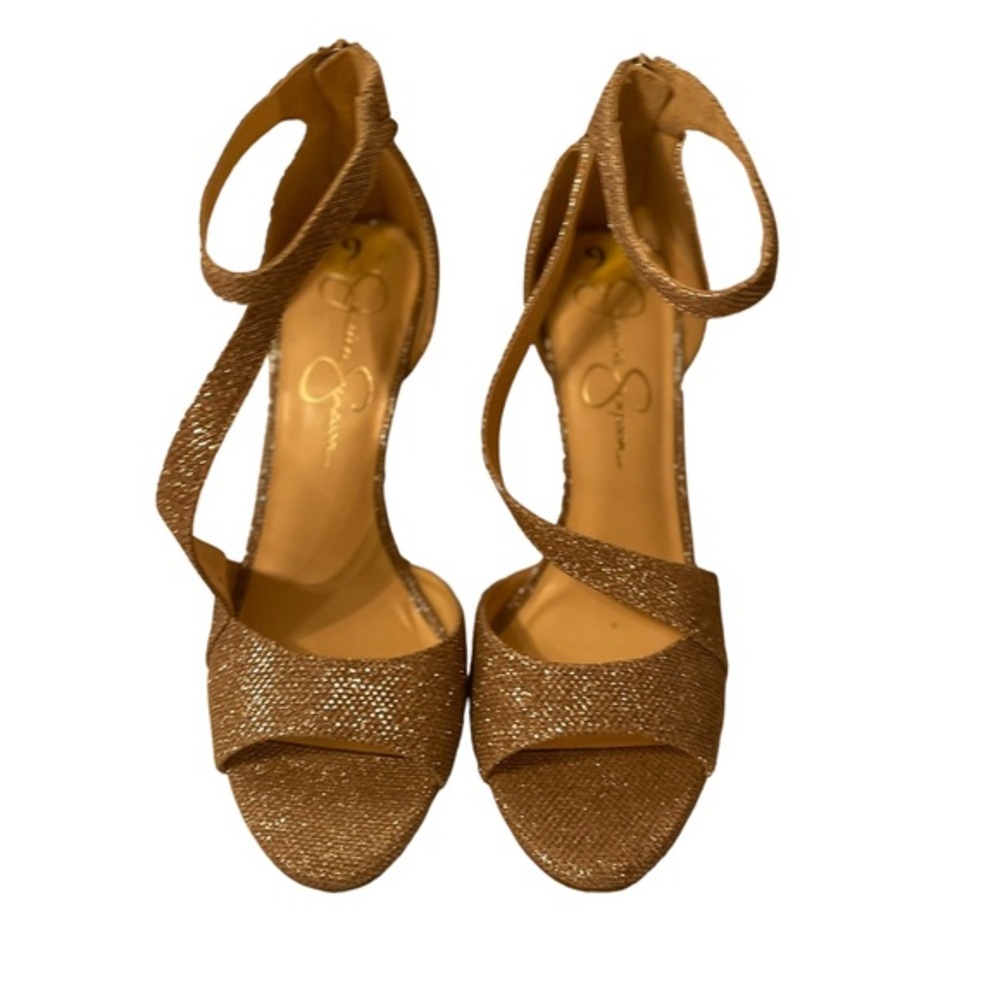 Jessica Simpson Gold Glitter Ankle Strap Stiletto Heel Back Zippered Shoes Size9